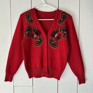 VTG Susan Bristol Paisley 3D Cardigan Sweater Sz S Red Wool Blend